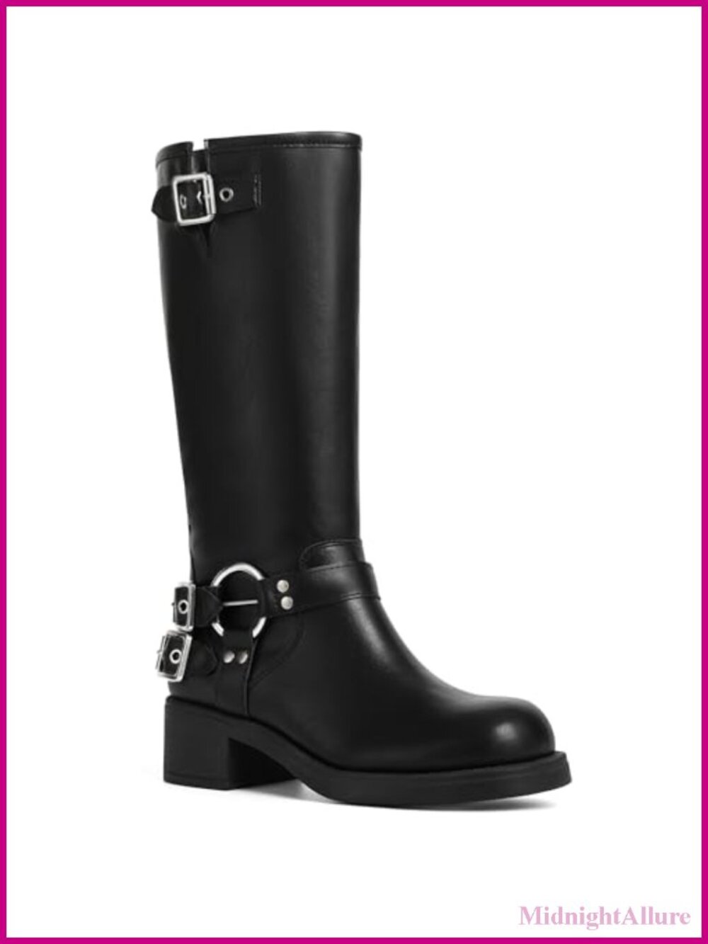 Knee High Boots Women Moto Biker Buckle Tall Combat Boots Chunky Block Heel